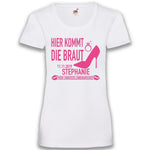 Junggesellenshirts.de Damenshirt XS / Weiß JGA Shirt Braut "Hier Kommt Die Braut"