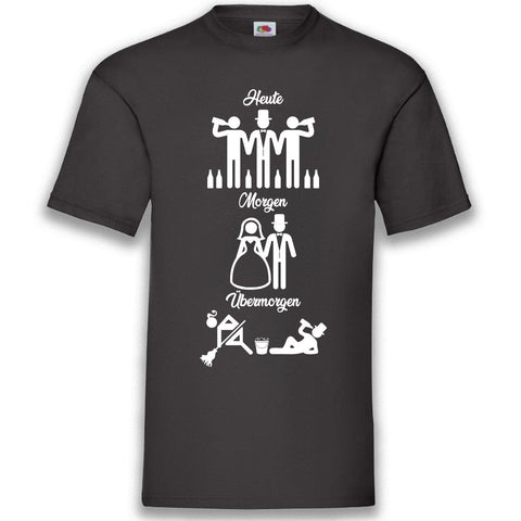 Junggesellenshirts.de Herrenshirt S / Schwarz JGA Shirt Bräutigam "Heute, Morgen, Übermorgen"