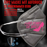 Junggesellenshirts.de Masken Grau FFP2 Maske "Hier Kommt Die Braut" 4 Farben