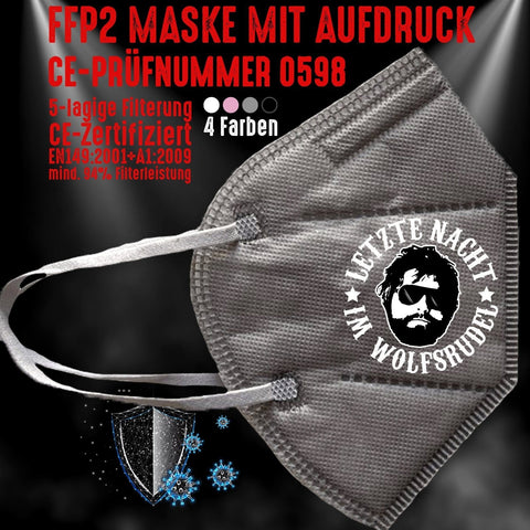 Junggesellenshirts.de Masken Grau FFP2 Maske "Wolfsrudel" 4 Farben