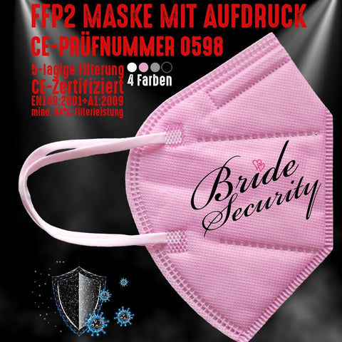 Junggesellenshirts.de Masken Rosa FFP2 Maske "Bride Security" 4 Farben