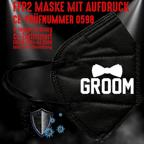 Junggesellenshirts.de Masken Schwarz FFP2 Maske "Groom" 3 Farben