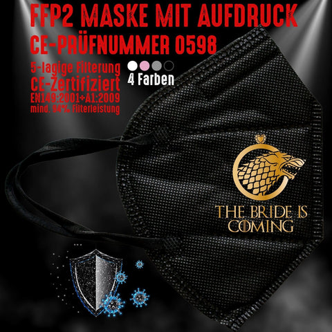 Junggesellenshirts.de Masken Schwarz FFP2 Maske "The Bride Is Coming" 4 Farben