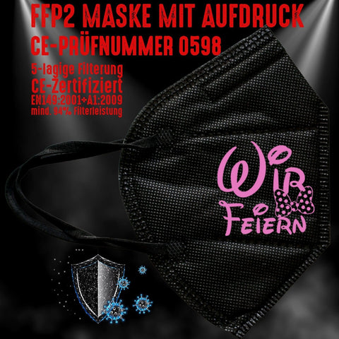 Junggesellenshirts.de Masken Schwarz FFP2 Maske "Wir Feiern Mouse" 3 Farben