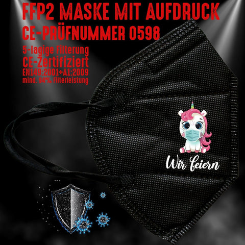 Junggesellenshirts.de Masken Schwarz FFP2 Maske "Wir Feiern Unicorn" 3 Farben