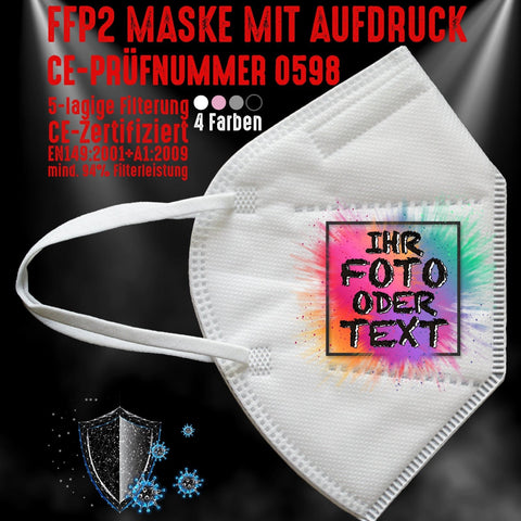 Junggesellenshirts.de Masken Weiß FFP2 Maske "Eigenes Foto oder Text" 4 Farben