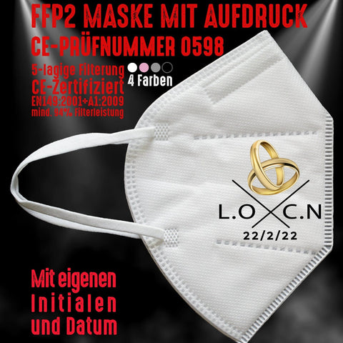 Junggesellenshirts.de Masken Weiß FFP2 Maske "Ringe und Initialen" 4 Farben
